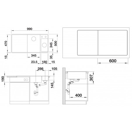 Kuchyňský dřez Blanco Axia III 6 S-F Černá, levý, s dřevěnou krájecí deskou a miskou