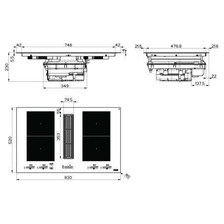 Odsavač par s indukční deskou Franke Mythos 2Gether Icon Steel FMY 8391R HI Černé sklo, pro recirkulaci