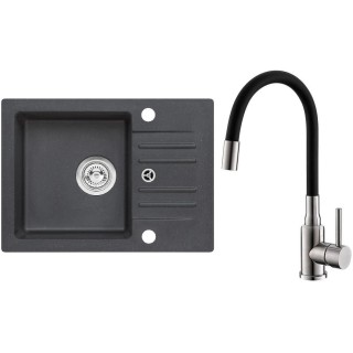 Set Alveus (dřez Cortina 40 Black 91, bez excentru + baterie Mintas Černá/Kartáčovaná ocel)