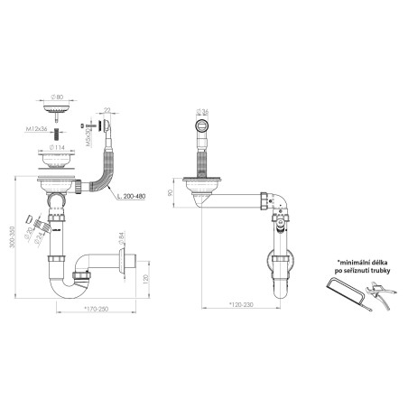 Sifon Sinks SPNG3SBL 3 1/2" pro granitové dřezy, s extra úsporou místa, černé komponenty