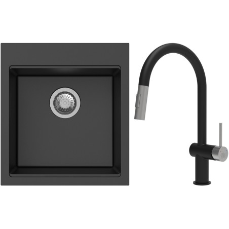 Set StrongSinks S3 (dřez Ipel 460 Černá + baterie Neris Černá matná, nerezová koncovka)