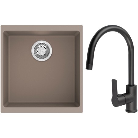 Set StrongSinks S3 (dřez Hron 430 Béžová + baterie Loira Černá matná)